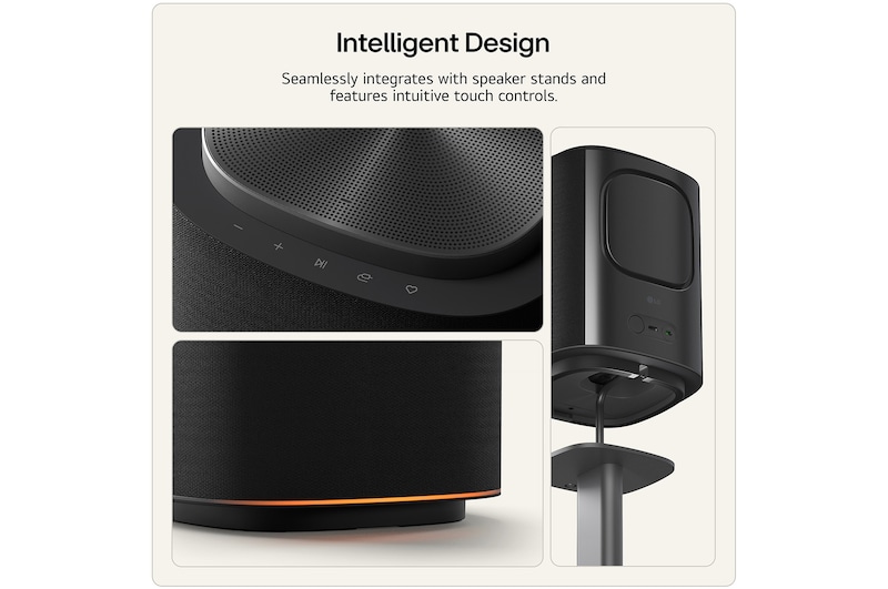 LG Stereo 5 wireless speaker showing integrated touch controls, premium fabric grille design, and seamless compatibility with a speaker stand.